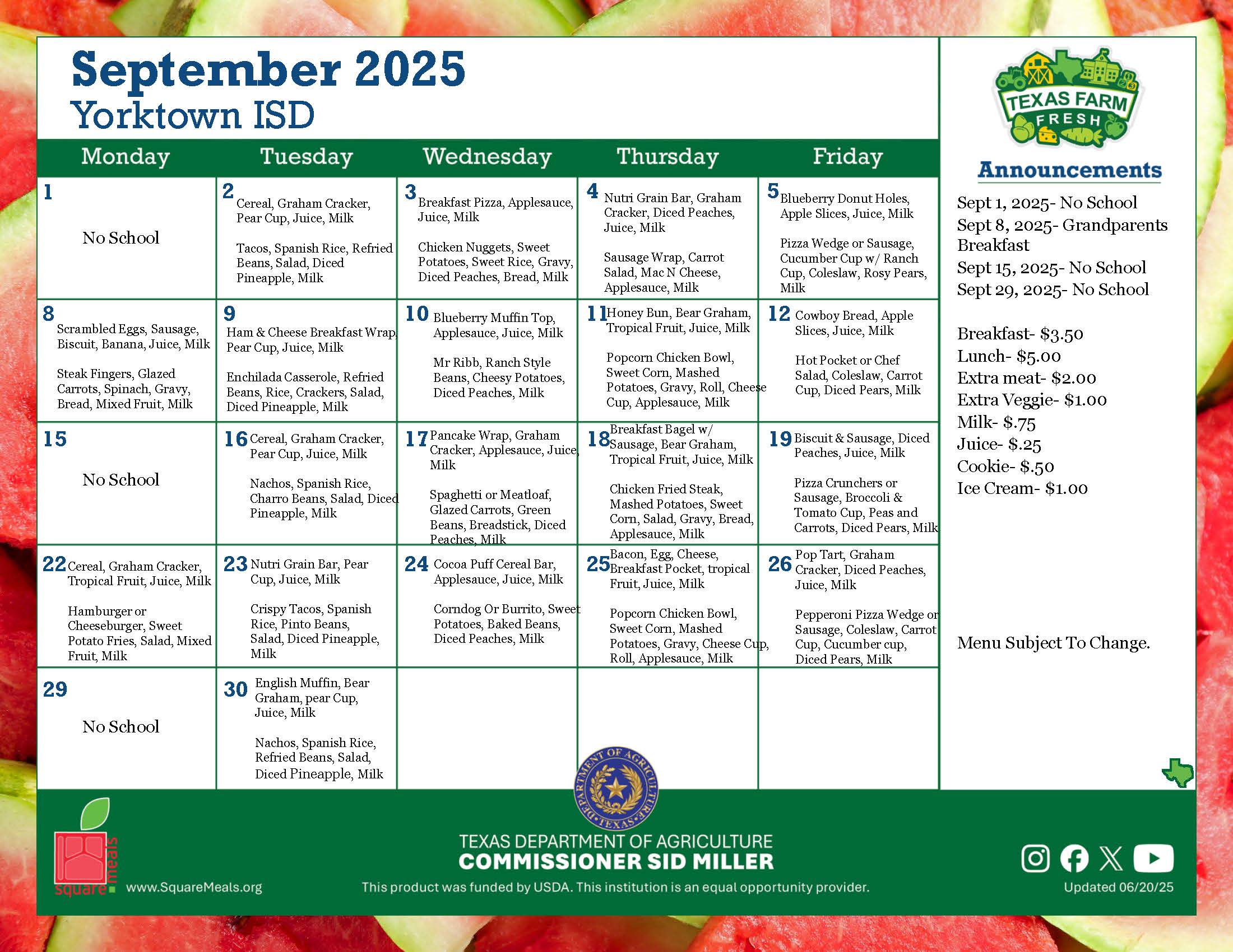 September Lunch Menu